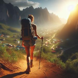 female backpacker hiking up a mountain on a hot summer day-3